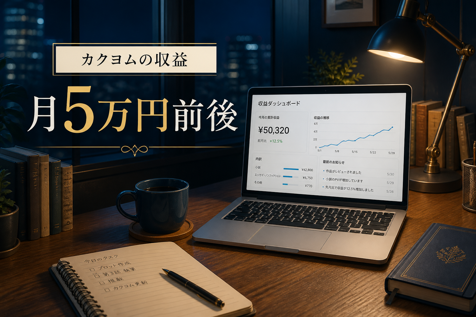 カクヨムの収益イメージ。リワードで月5万円前後という一人の実績を示すアイキャッチ